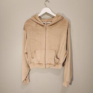 SKIMS Velour Hoodie Tan Zip Pockets Cropped - Size XL